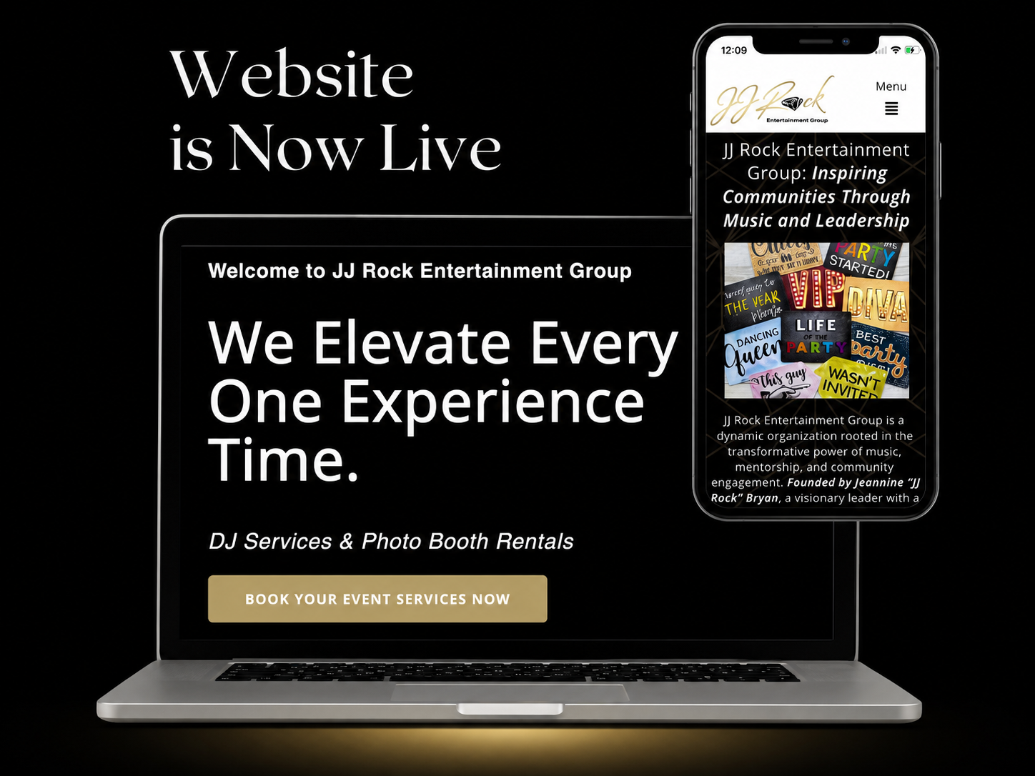 One-page website build — laptop and mobile preview of JJ Rock Entertainment Group
